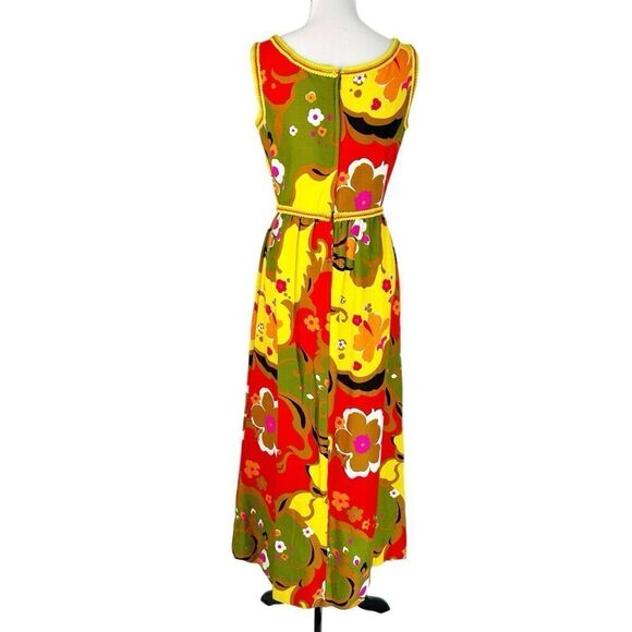 Vintage Kiki Hart Floral Retro Groovy Maxi Dress Red Yellow Scoop Neck 1960s - Picture 6 of 7